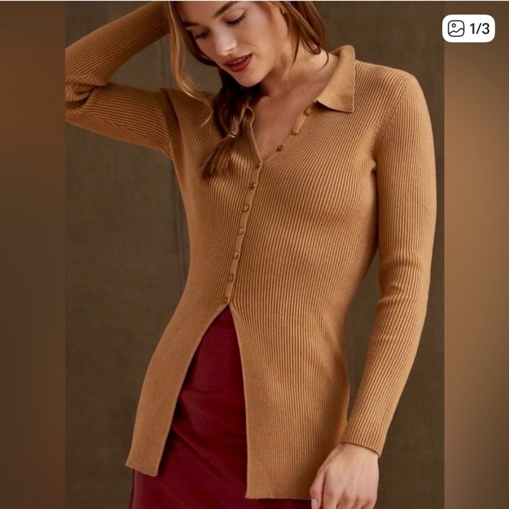 NWT Anthropologie Maeve Camel Ribbed Collared Blouse